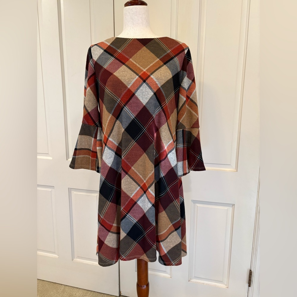 Plaid Mini Dress with Bell Sleeves